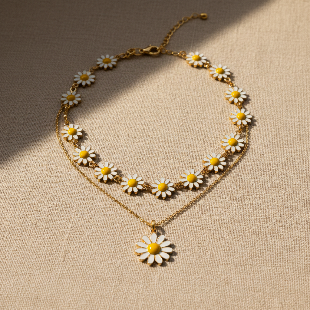 Daisy Chain Layered Necklace - gold tone with white enamel daisy links and pendant drop