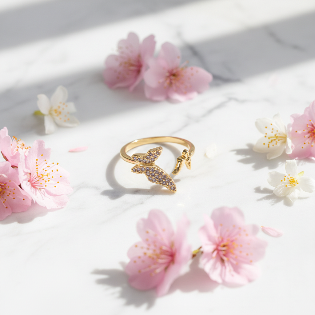 Flutter Wing Double Butterfly Crystal Ring - Gold - marble flat lay