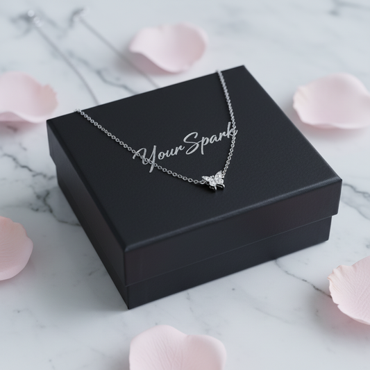 Crystal butterfly necklace on top of YourSpark box