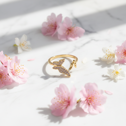 Flutter Wing Double Butterfly Crystal Ring - Gold - marble flat lay