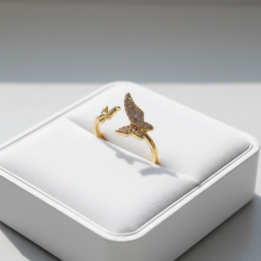 Flutter Wing Double Butterfly Crystal Ring - Gold - white velvet box