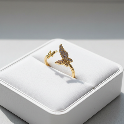 Flutter Wing Double Butterfly Crystal Ring - Gold - white velvet box