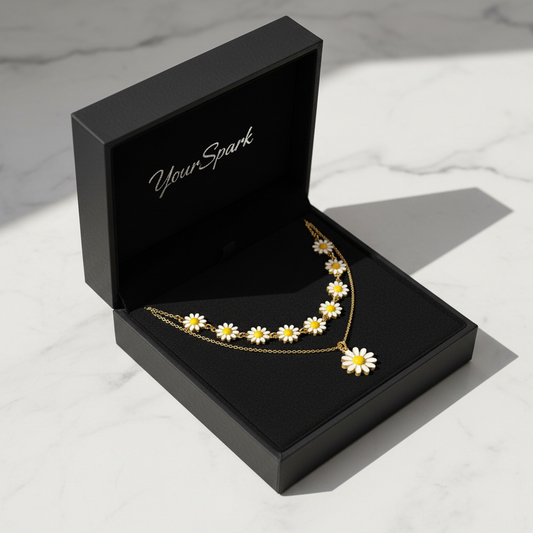Daisy Chain Layered Necklace in YourSpark matte black jewelry box