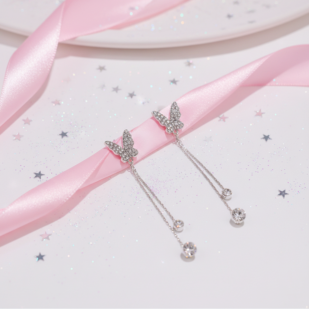 Crystal butterfly earrings on pink satin with stars