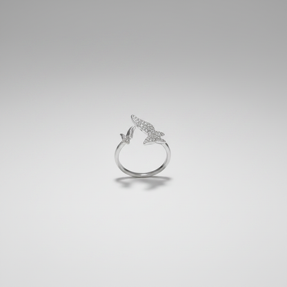 Flutter Wing Double Butterfly Crystal Ring - Silver - upright close-up on grey surface
