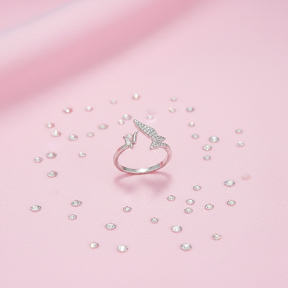 Flutter Wing Double Butterfly Crystal Ring - Silver - pink Y2K background with rhinestones