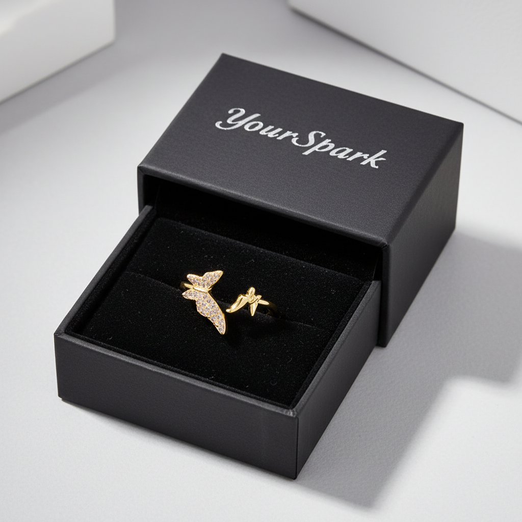 Flutter Wing Double Butterfly Crystal Ring - Gold - YourSpark matte black box