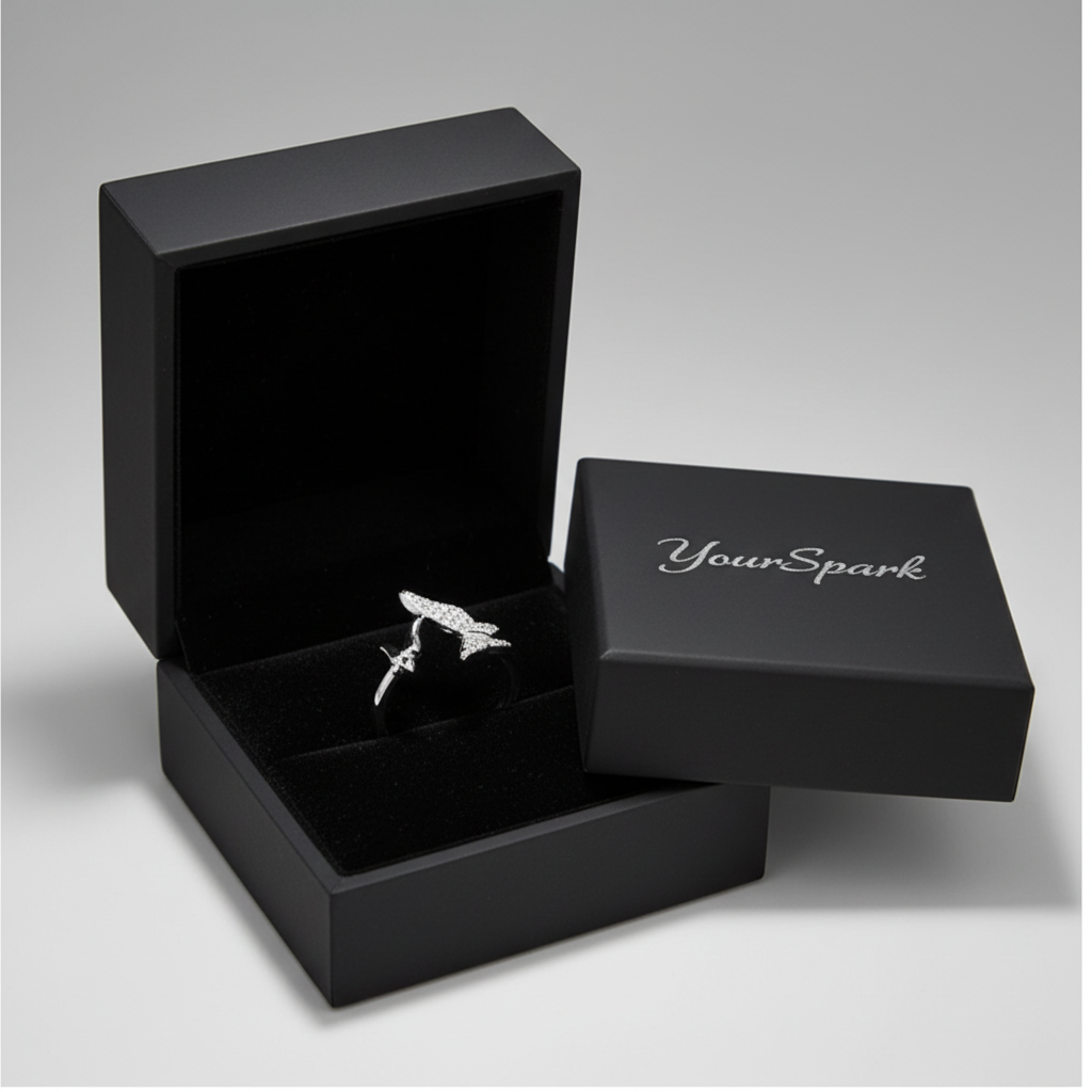 Flutter Wing Double Butterfly Crystal Ring - Silver - YourSpark matte black box