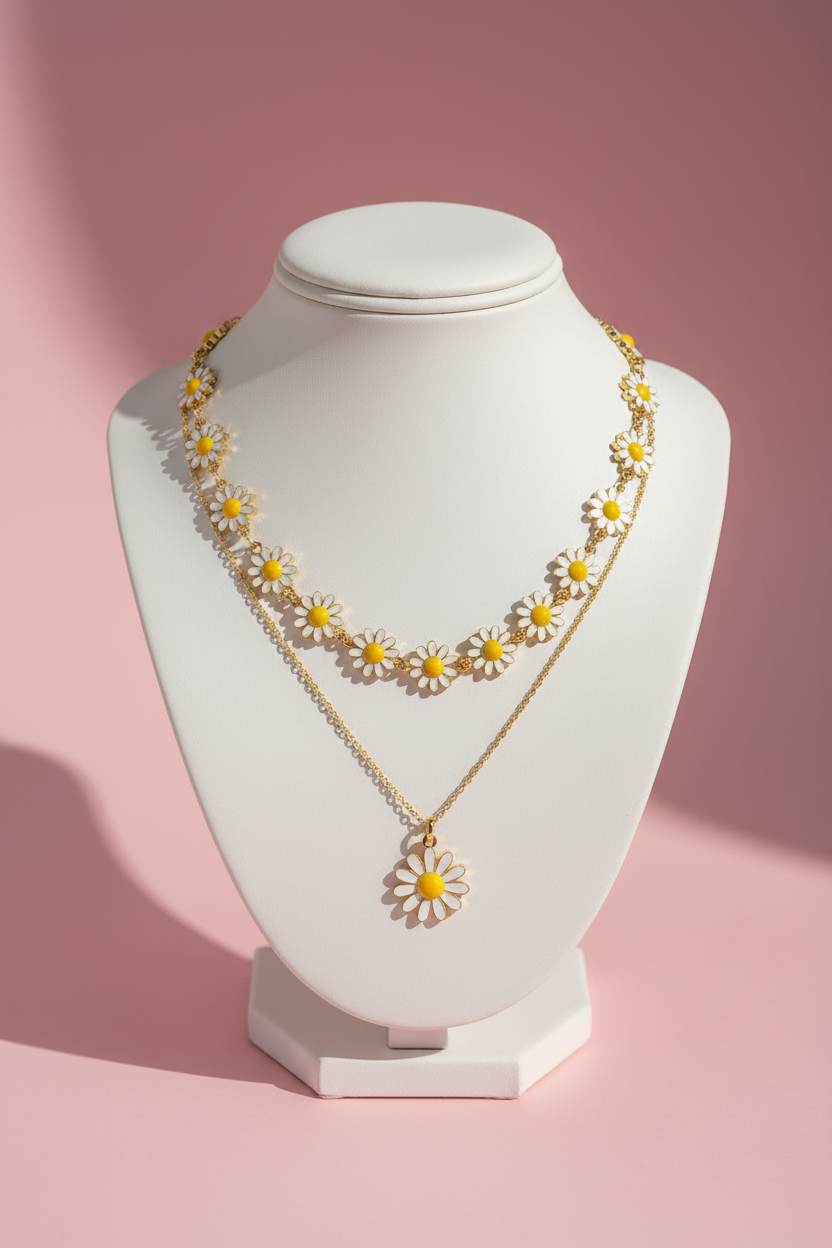 Daisy Chain Layered Necklace on ceramic stand with pink background